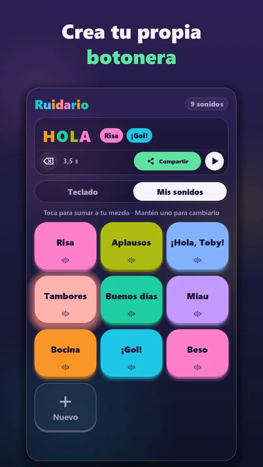 Crea tu propia botonera: botones de colores como Risa, Aplausos, Bocina y ¡Gol!